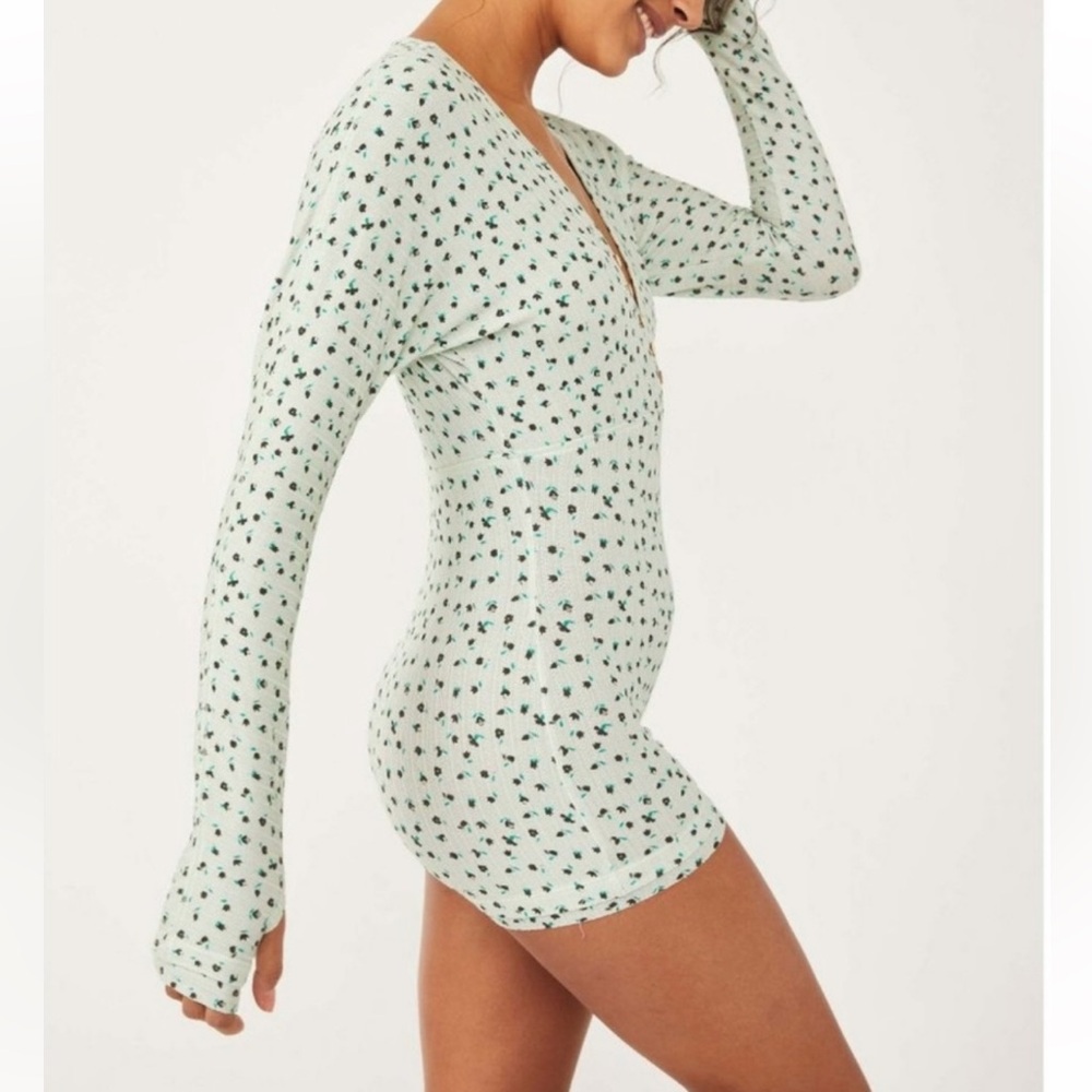 Free People Floral Long Sleeve Bodysuit - Mint Green